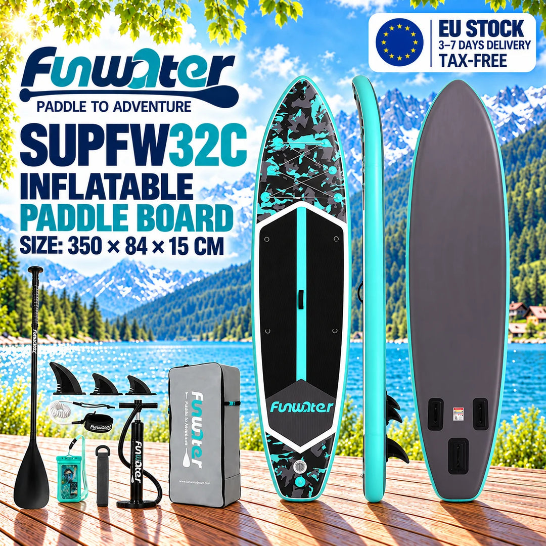 Tabla de paddle surf Funwater SUPFW32C, 350x84x15 cm, 180 kg+, SUP hinchable de camuflaje negro y turquesa para lagos, bahías tranquilas, yoga y pesca, paddleboard con soporte para cámara y accesorios