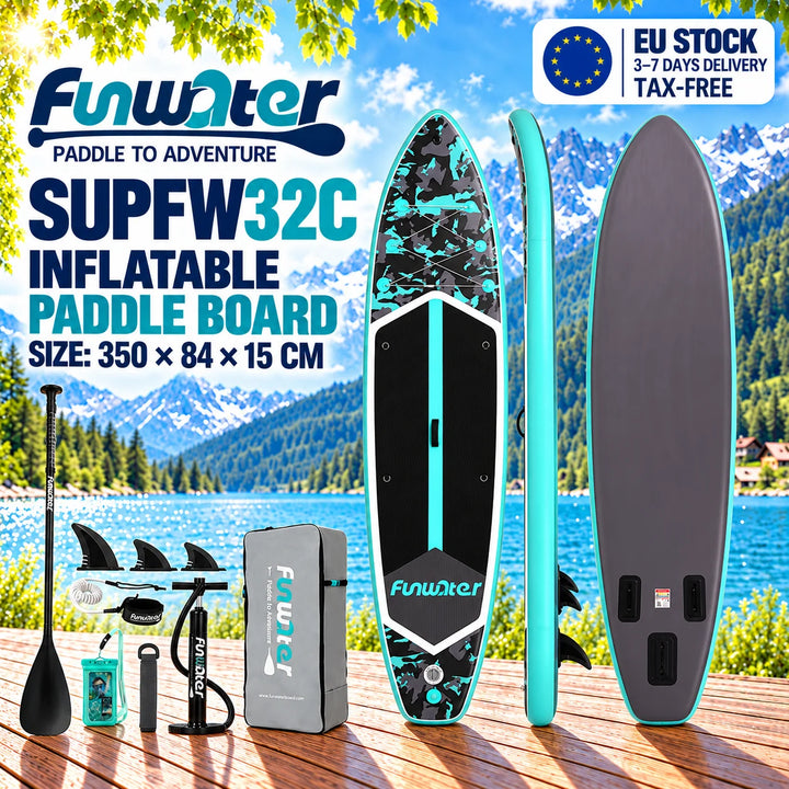 Tabla de paddle surf Funwater SUPFW32C, 350x84x15 cm, 180 kg+, SUP hinchable de camuflaje negro y turquesa para lagos, bahías tranquilas, yoga y pesca, paddleboard con soporte para cámara y accesorios