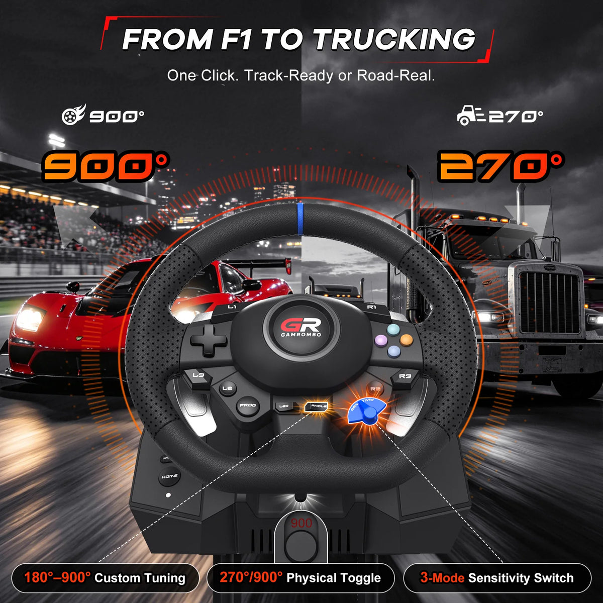 Volante de carreras para PS5/PS4/PC, 270° y 900°, volante de simulación de juegos con pedales de efecto Hall RGB y mapeo de macros PROG