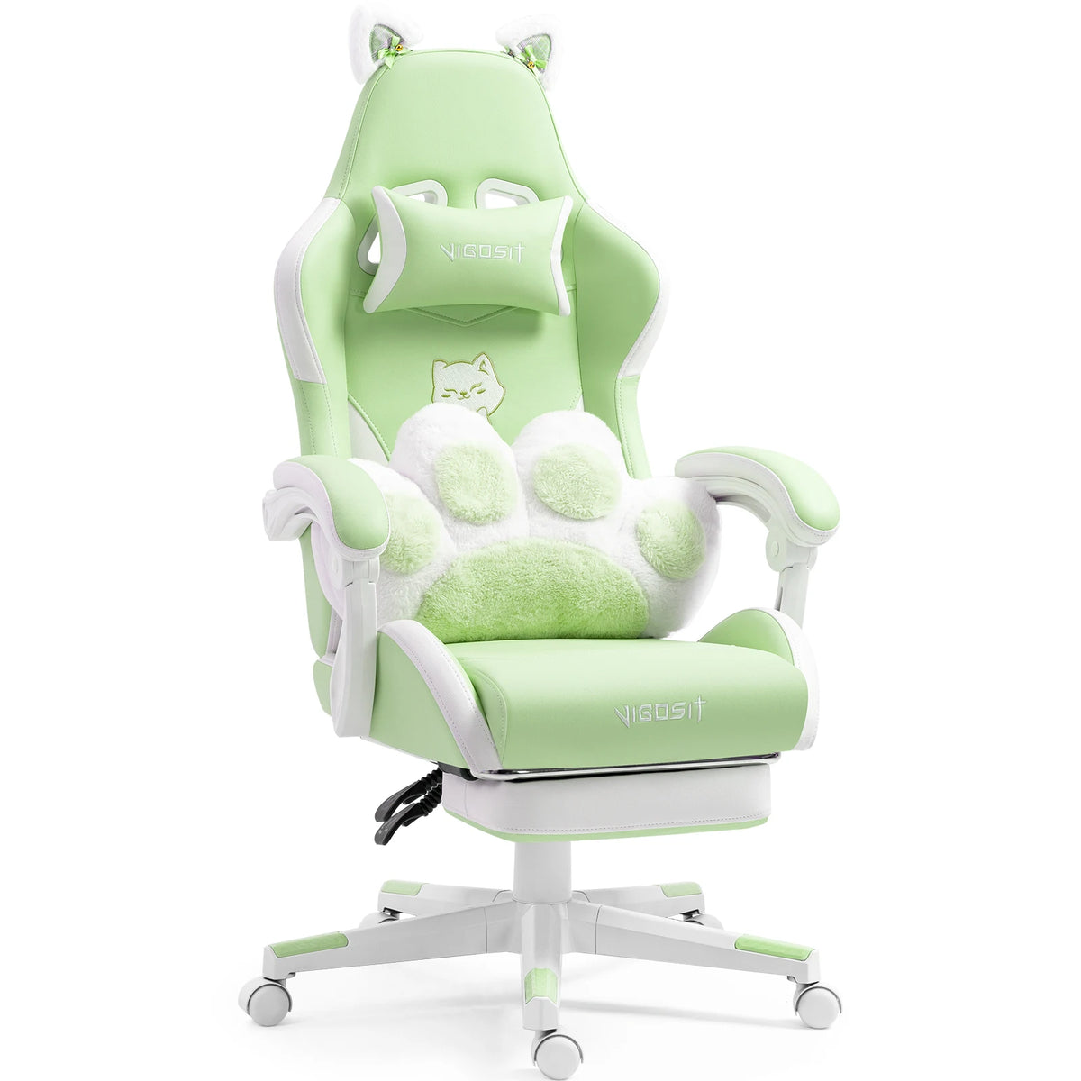 Silla de gaming ergonómica verde con orejas y cojín esponjoso claro
