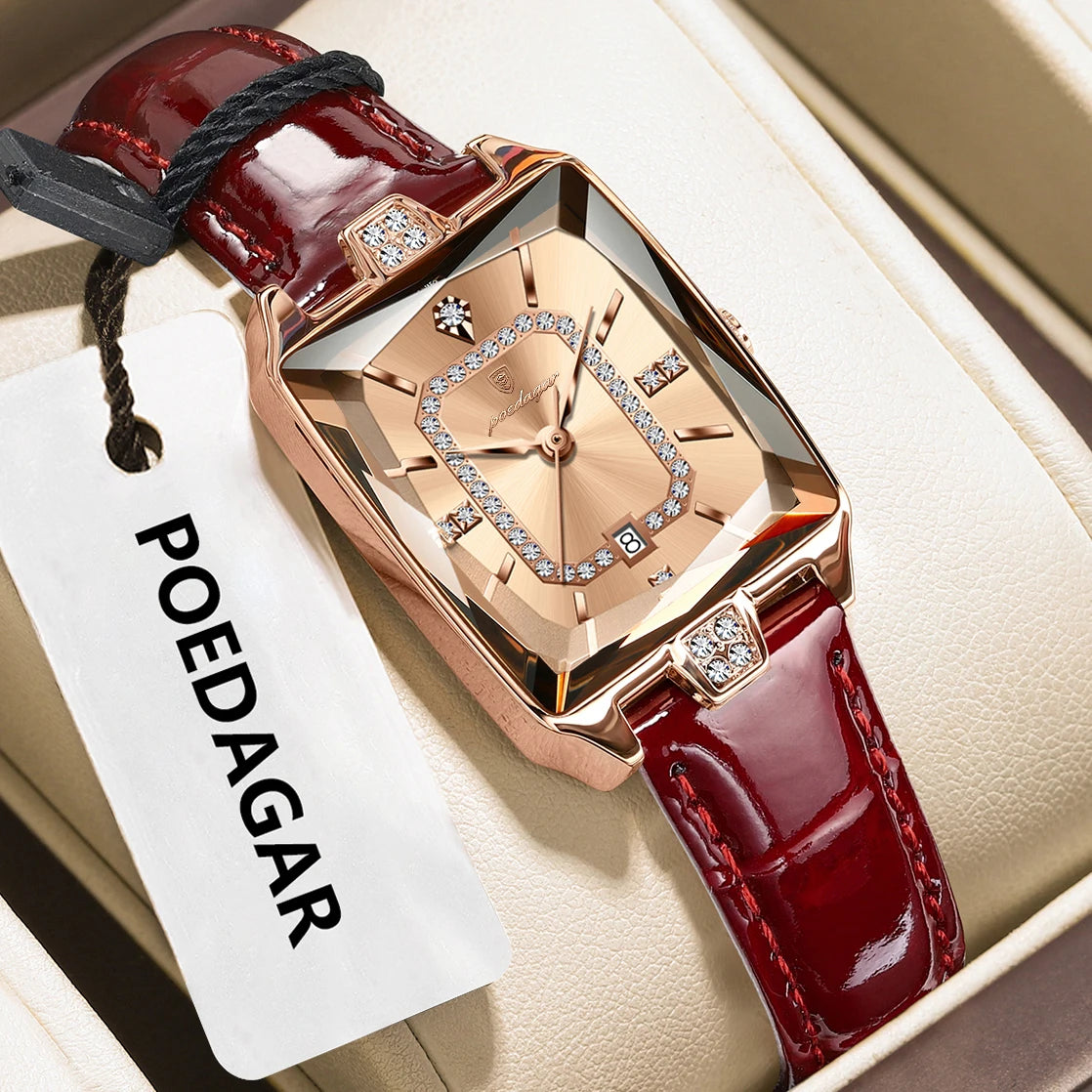 Reloj de pulsera para mujer POEDAGAR de alta calidad, resistente al agua, con fecha, correa de piel, reloj de cuarzo de lujo, rectangular para mujer