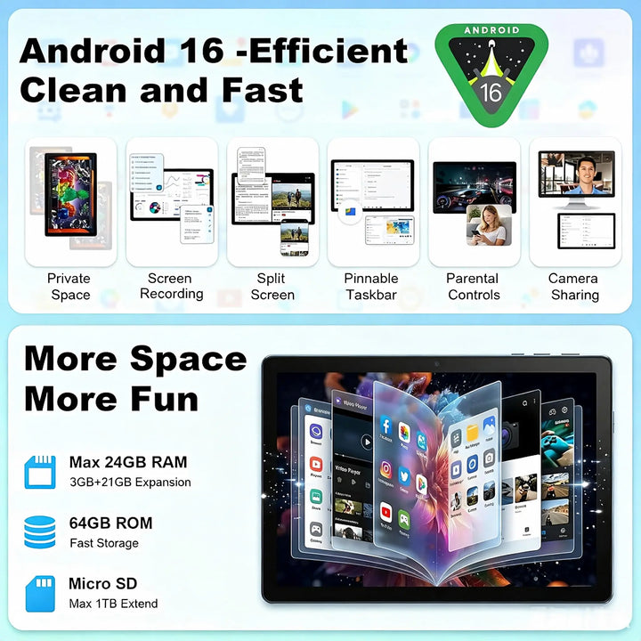 Tableta KB1001L de 10.1 pulgadas con Android 16, RAM máxima de 24GB (3GB+21GB), ROM de 64GB, CPU A333 de 5 núcleos, pantalla táctil HD IPS de 800*1280, batería de 6000mAh, cámara dual de 5MP+8MP, WiFi 6, Widevine L1, des