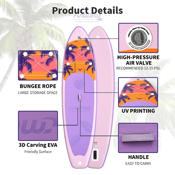 SUP hinchable Funwater SUPFW55C, 335x84x15 cm, 165 kg+, tabla de paddle surf rosa y lila con palmeras tropicales para yoga, escapadas a la playa, rutas en lagos y pesca tranquila, accesorios incluidos