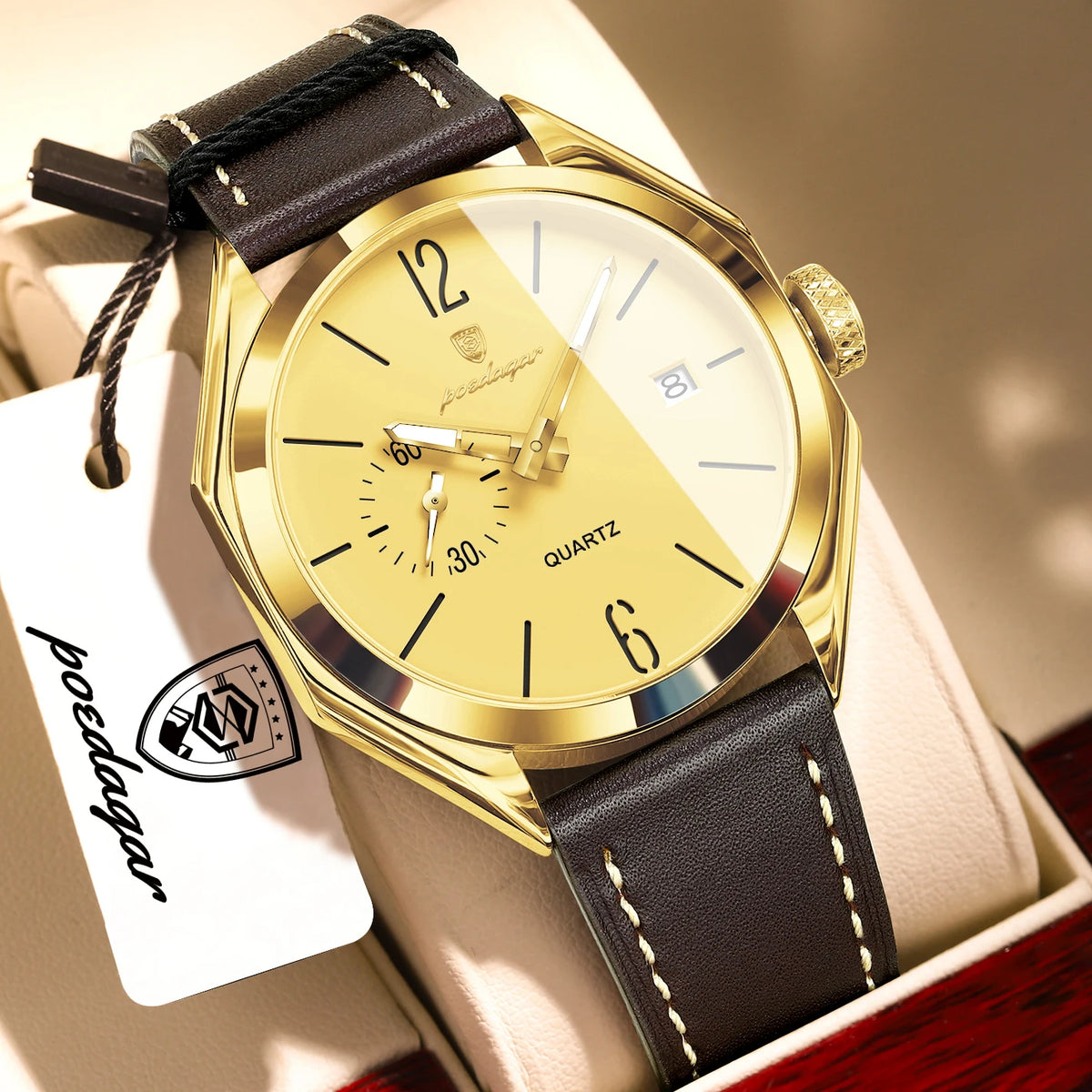 Reloj de hombre POEDAGAR de alta moda, con correa de piel, fecha, cuarzo, estilo negocios, resistente al agua, luminoso y casual