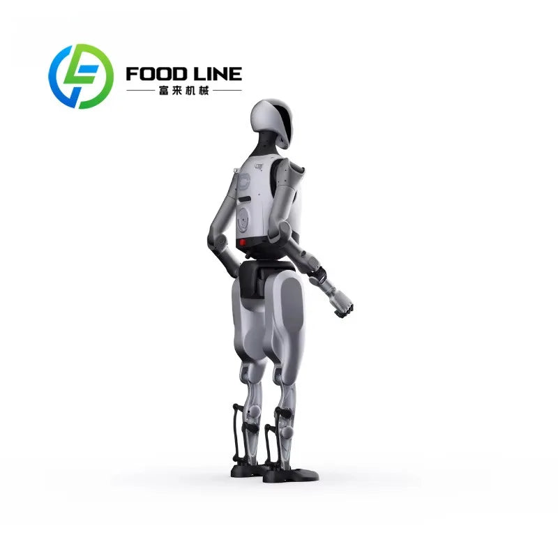 Robot humanoide bípeda de lado, cabeza oval y brazos articulados, acabado blanco y negro