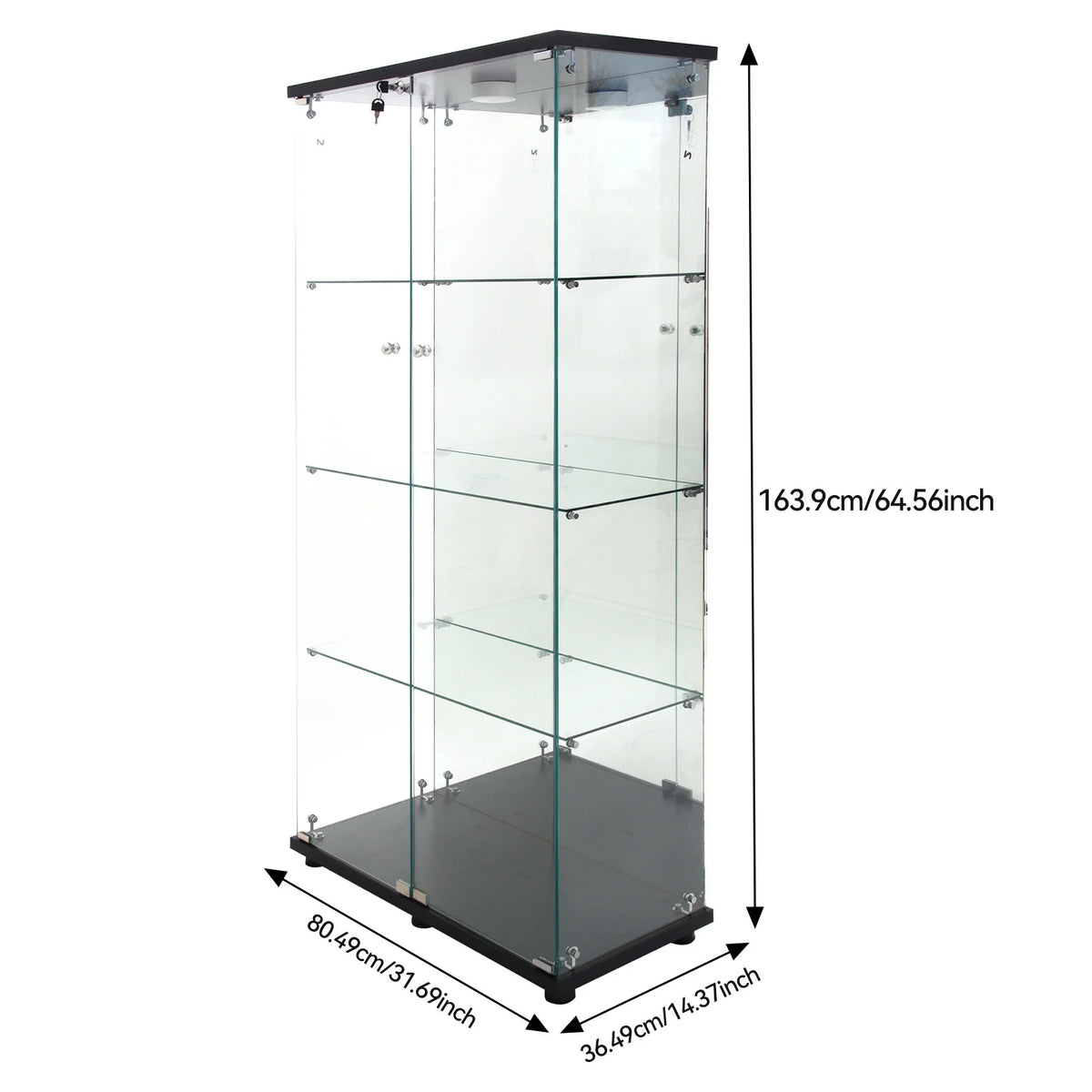 Vitrina de cristal de 4 niveles Fangange con iluminación LED, vidrio templado, cerradura, respaldo de espejo, mueble expositor de suelo para coleccionables, figuras y vino, color negro/blanco