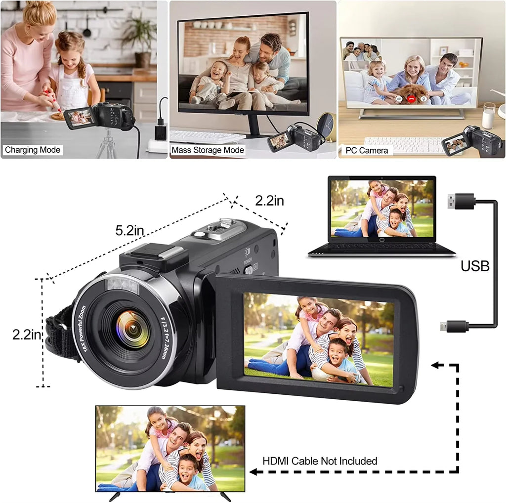 Videocámara 8K de 64MP con Visión Nocturna IR de 18X, Grabadora de Video Digital, Pantalla Táctil Giratoria de 3.0'', Wi-Fi, Vlogging, Transmisión en Vivo, Cámara Web