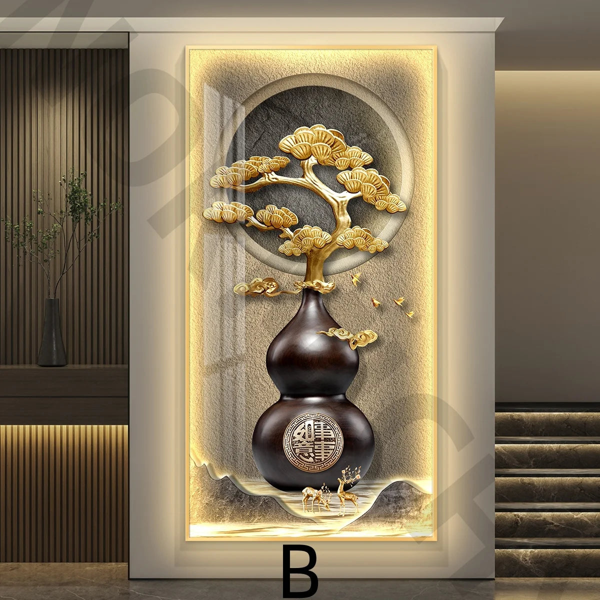 Cuadro mural iluminado con marco dorado: calabaza oscura con símbolo y árbol dorado en 3D