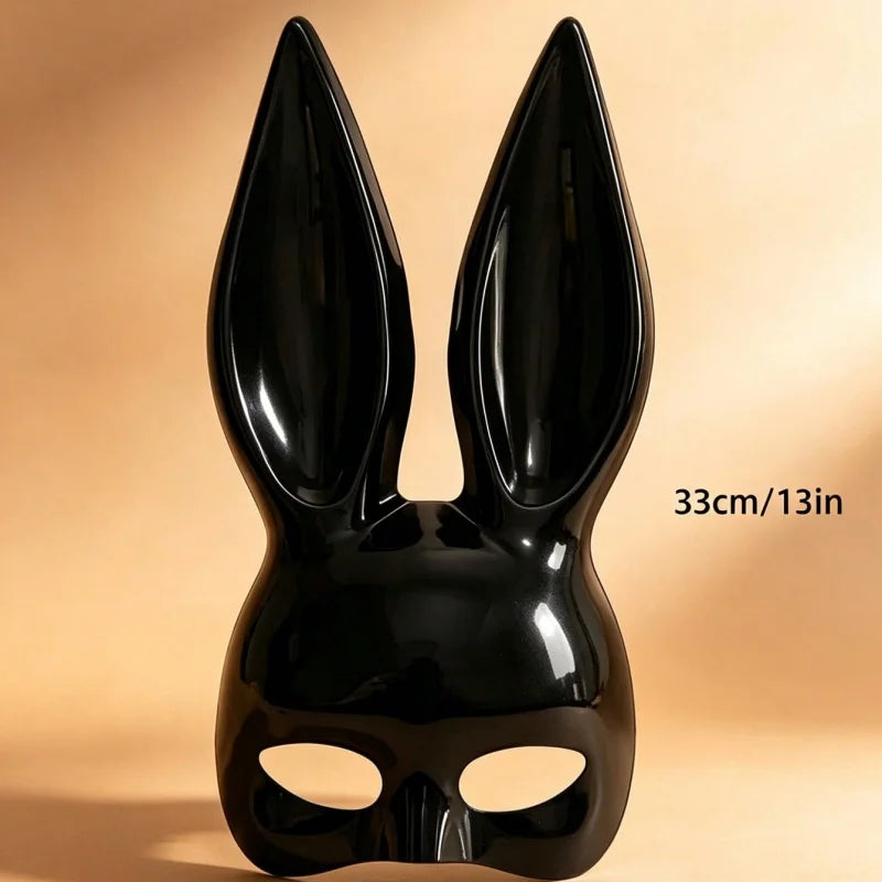 Máscara de conejo negro brillante, máscara de media cara con orejas largas, accesorio para disfraces de Halloween, ideal para fiestas de carnaval.
