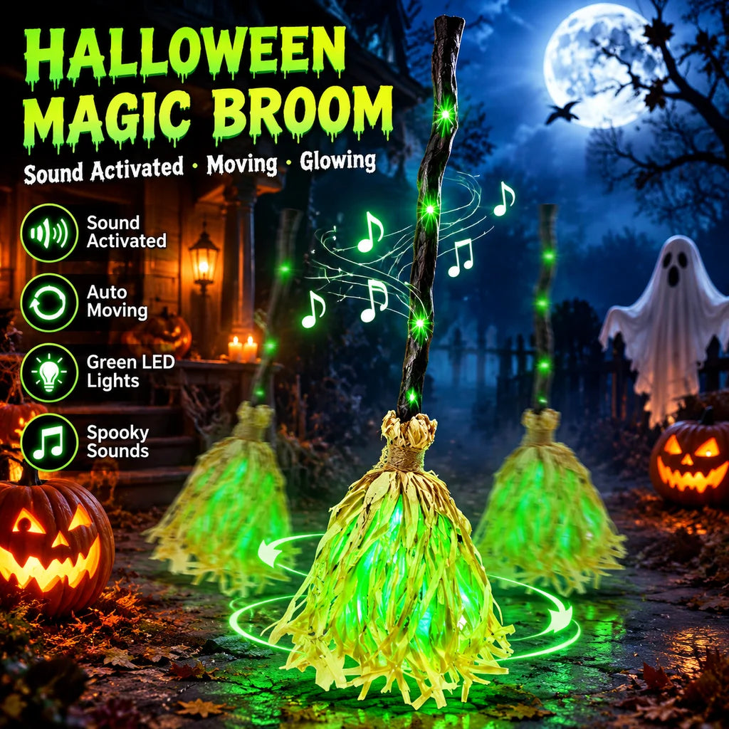 Escoba de Bruja Luminosa de Halloween con Función de Salto Automático, Accesorio de Halloween con Efectos de Luz y Sonrisa Espeluznante para Decoración de Fiestas de Casas Embrujadas