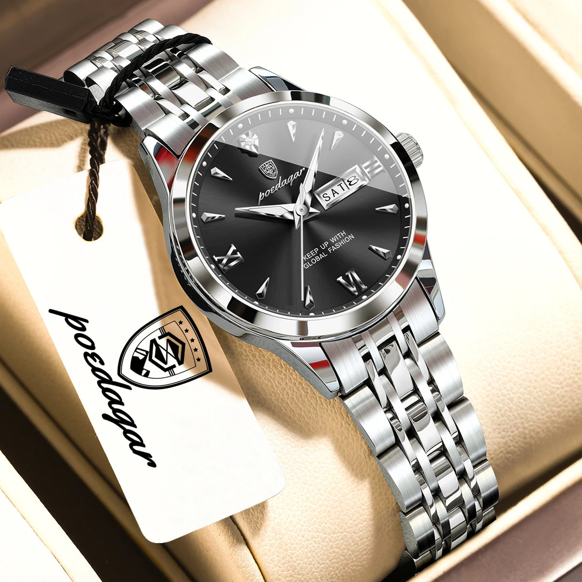 Reloj de pulsera informal POEDAGAR para mujer, resistente al agua, con fecha, semana, luminoso, de acero inoxidable, reloj de moda para mujer