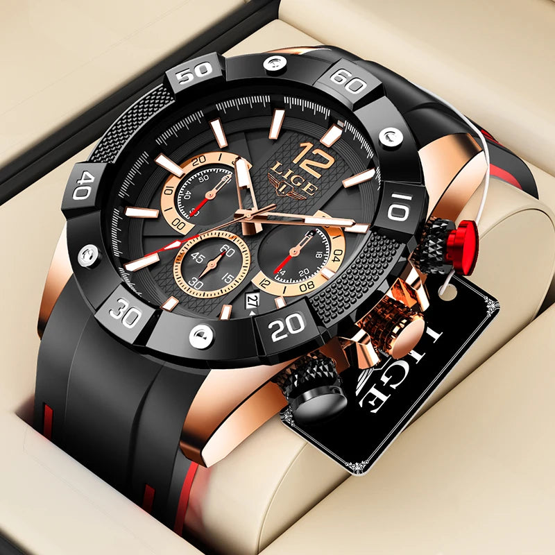 Reloj de hombre LIGE casual, de moda y negocios, con esfera grande de silicona, resistente al agua, luminoso, cronógrafo, reloj de pulsera de cuarzo para hombre