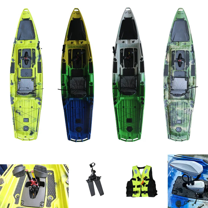 Kayak Factory - Kayak de 13 pies con Pedales Dobles de Rotomoldeo, Motor Eléctrico para Pesca, Timón Plegable y Asiento con Altura Ajustable