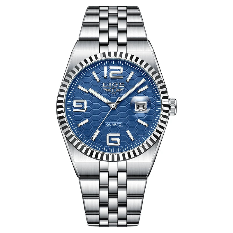 Reloj de pulsera de cuarzo LIGE para hombre, esfera de panal color azul Tiffany, luminoso, resistente al agua 3ATM, reloj de negocios para hombre