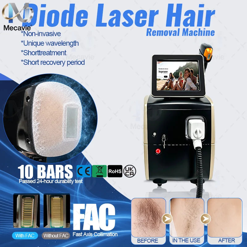 Láser de diodo de 808 nm, máquina de depilación láser de diodo con 6 longitudes de onda, sistema de enfriamiento por hielo, depilación indolora y permanente para salones de belleza.