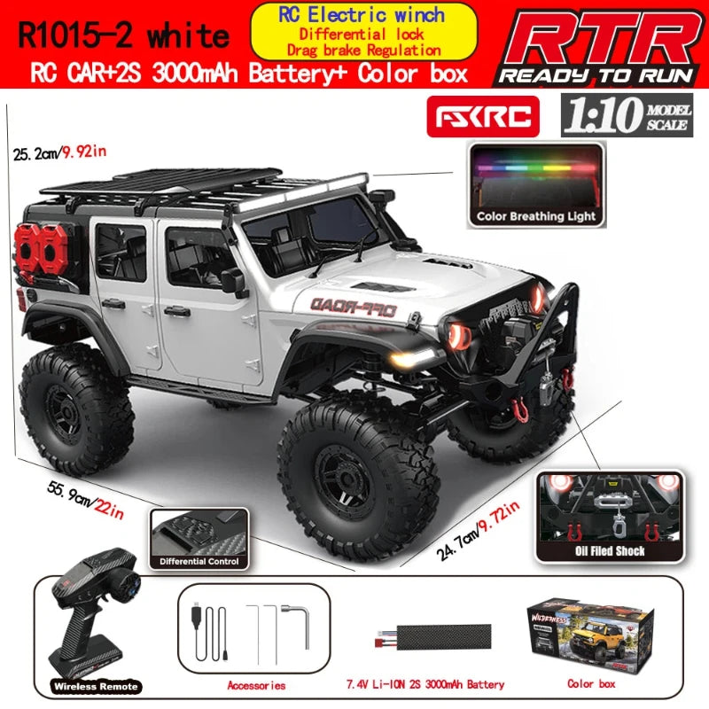 Coche RC 1:10 blanco con carrocería todoterreno y llanta con ruedas de gran agarre.