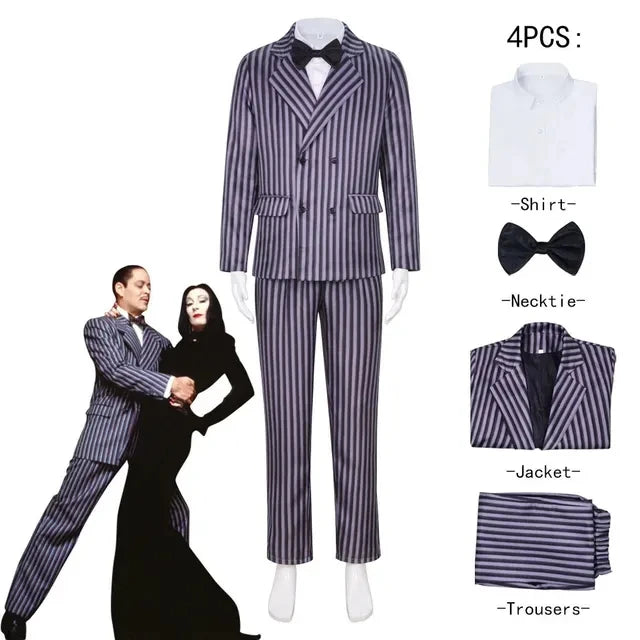 Disfraz de Morticia Addams para Cosplay, Vestido de Halloween, Traje de Carnaval para Adultos, Abrigo, Camisa, Pantalón, Corbata, Uniforme de Fiesta