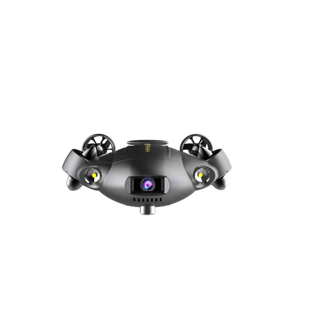 Robot submarino ROV gris con cámara frontal y cuatro hélices laterales