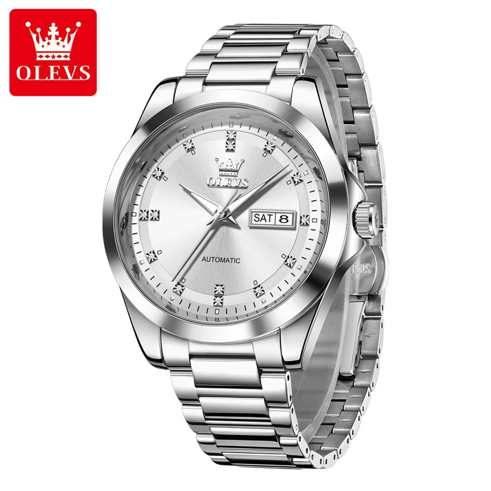 Relojes mecánicos de lujo OLEVS para hombre, reloj de pulsera automático con calendario doble, resistente al agua, luminoso, de acero inoxidable 7136