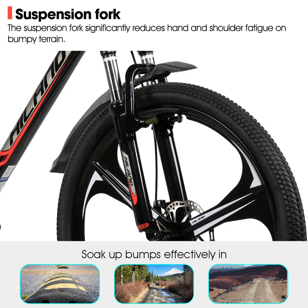 Bicicleta de montaña HILAND, 3 radios, transmisión de 18 velocidades, cuadro de aluminio, ruedas de 26 pulgadas, bicicleta con frenos de disco para hombres y mujeres, MTB para hombre