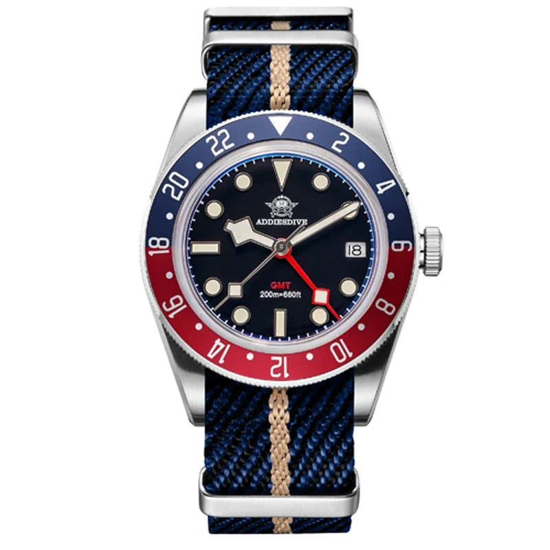 Reloj GMT de lujo para hombre ADDIESDIVE AD2044, cristal de burbuja, cuarzo suizo Ronda, reloj de negocios para hombre, resistente al agua 200 m, luminiscencia BGW9