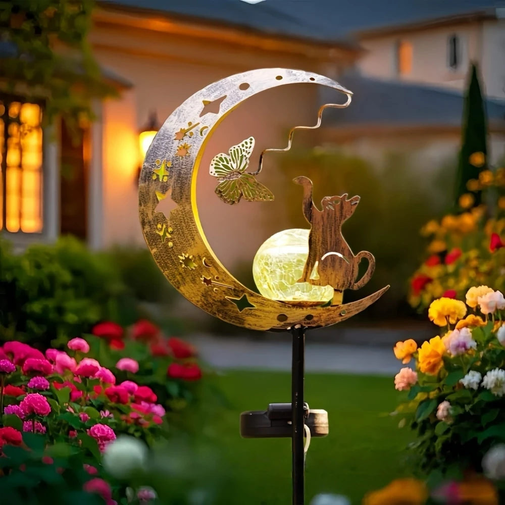 Solar Garden Lights Owl Pathway Stake Lights Glass Globe with Moon Cat Decor Outdoor Decor Lights for Walkway Yard Lawn Patio