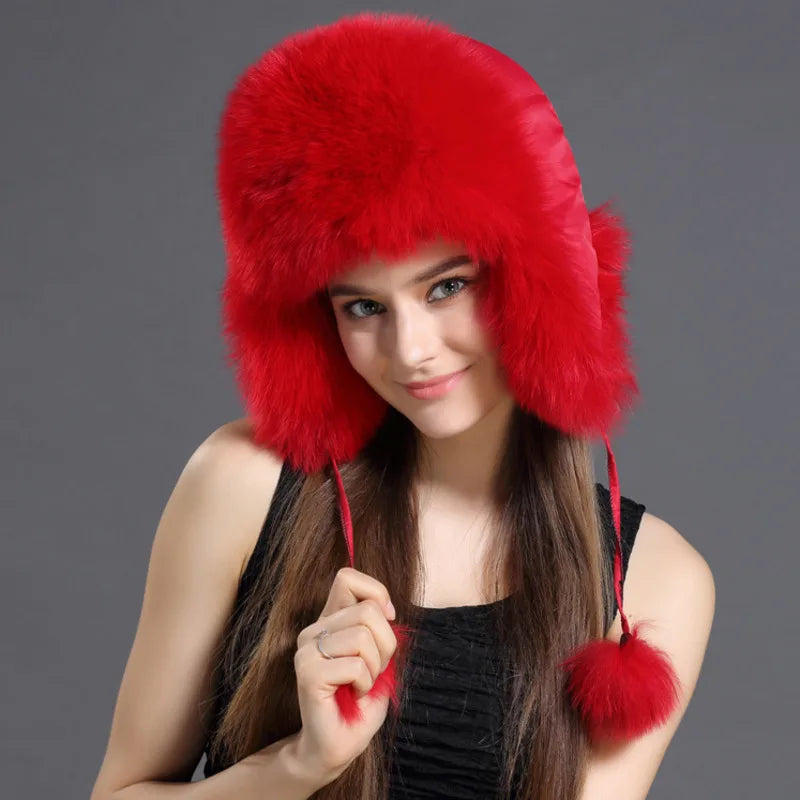 Gorro de piel de zorro auténtica para mujer, moda de invierno, gorros cálidos de Lei Feng, gorros de esquí al aire libre rusos, gorro de piel Natural, gorro de piel gruesa peluda