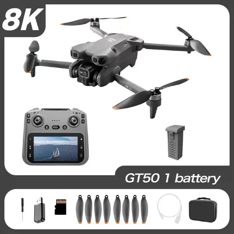 Drone cuadricóptero gris con cámara 8K, control con pantalla y accesorios incluidos