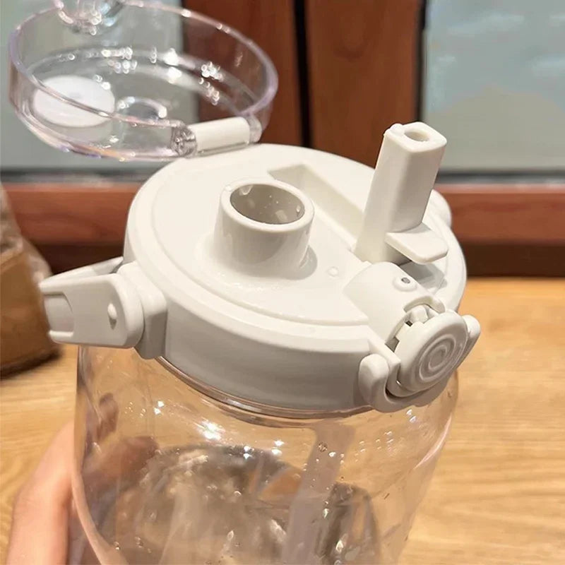 Botella de agua con pajita deportiva de 1,5/2 litros con báscula de tiempo, taza de agua de jugo frío de plástico para verano, botellas de viaje portátiles de gran capacidad