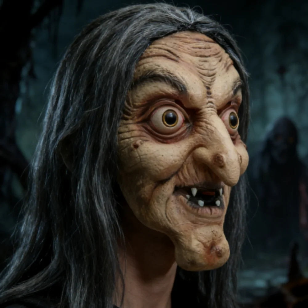 Máscara Realista de Bruja Malvada con Capucha y Cabello, Máscara de Látex para Fiesta de Halloween, Cosplay, Broma, Accesorios