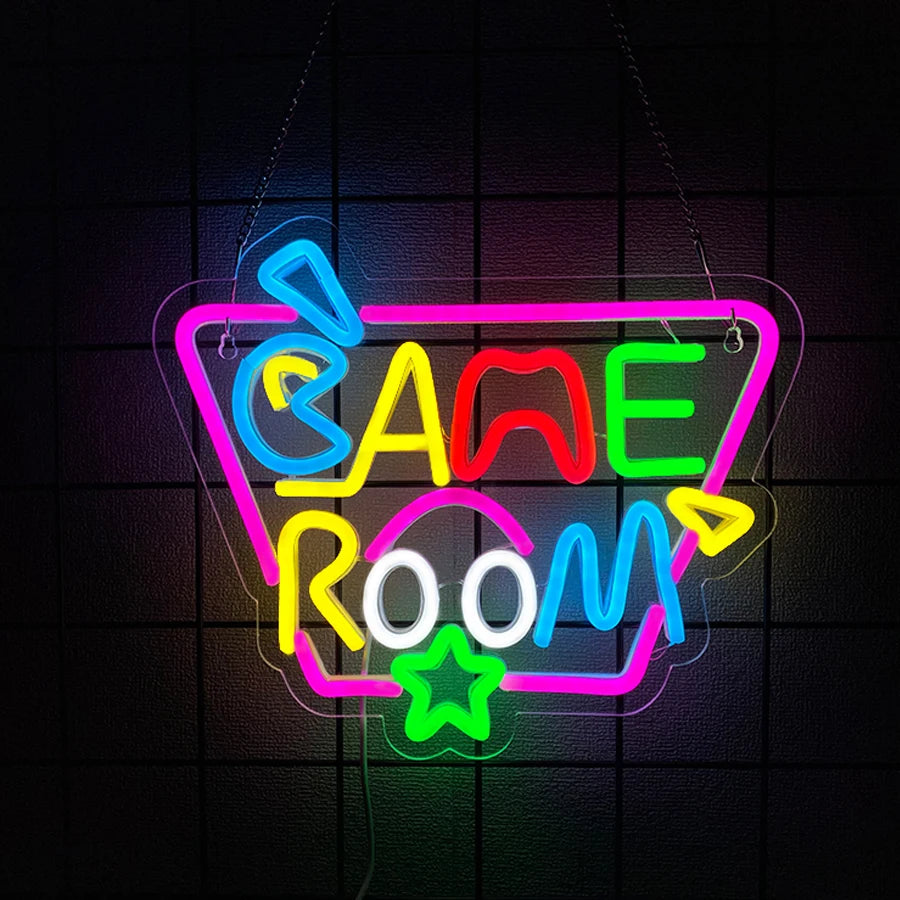 Rótulo de neón LED con forma de recuadro “Game Room” multicolor y estrella