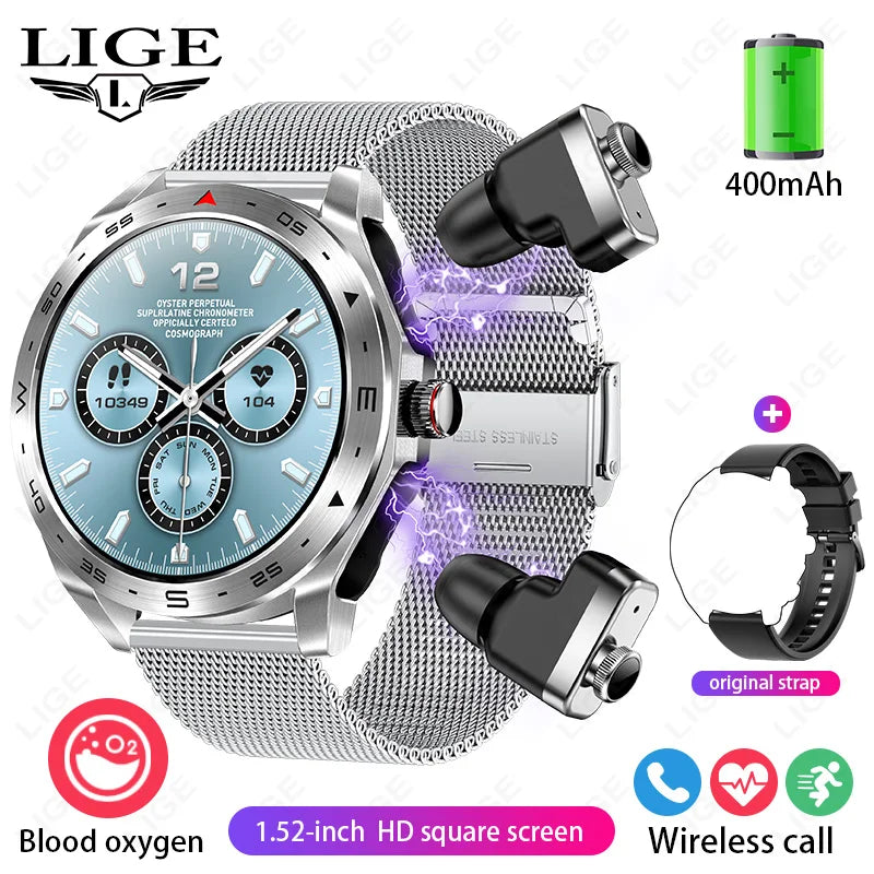 LIGE TWS 2‑in‑1 Smart Watch with Built‑in Wireless Earbuds 1.52"HD Screen Bluetooth Call Smartwatch Blood Oxygen Fitness Tracker
