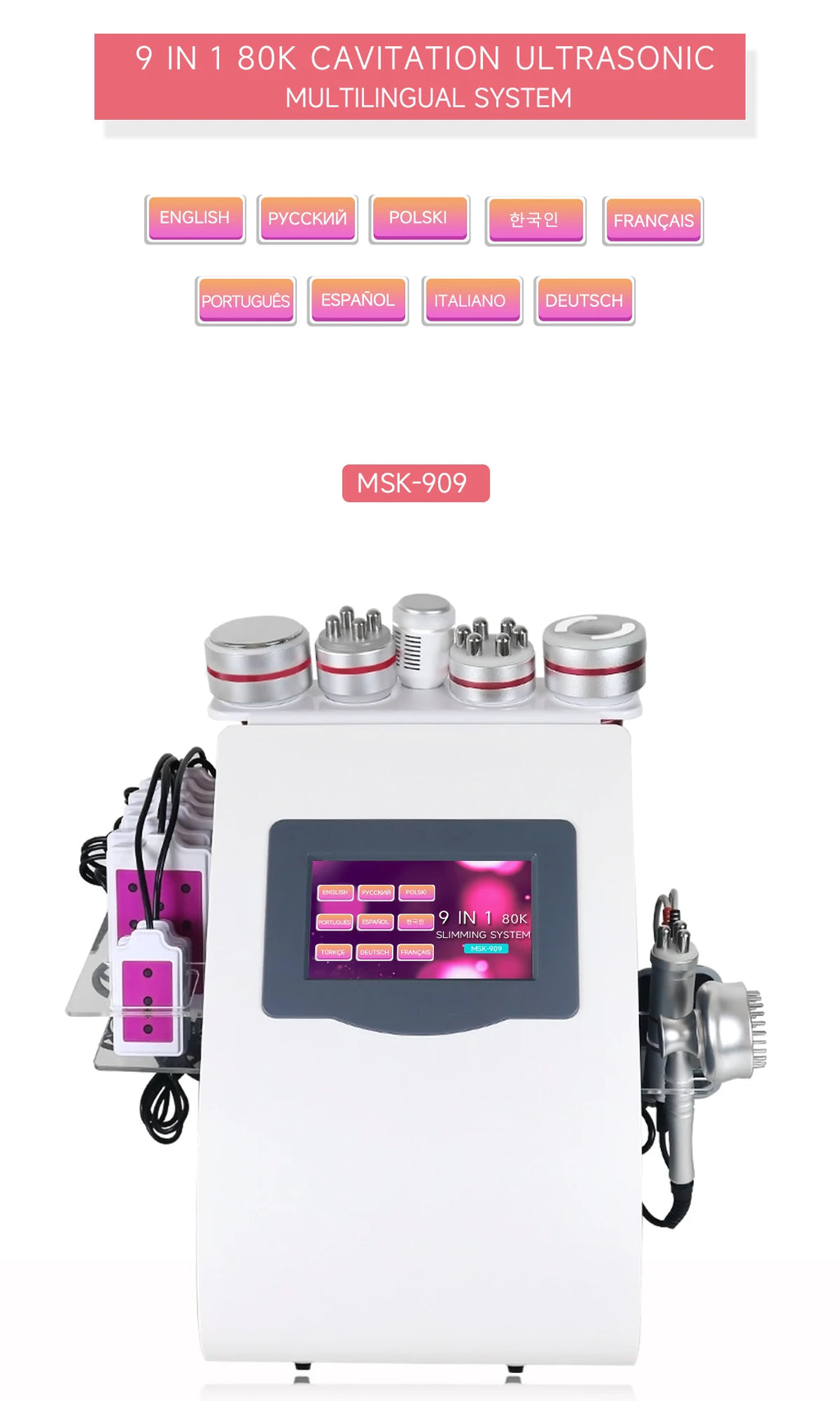 Máquina de Belleza 9 en 1, Nueva, 80K, Cavitación, Vacío, Adelgazamiento, Masaje, Radiofrecuencia RF, Dispositivo de Lifting y Tensado de la Piel del Rostro