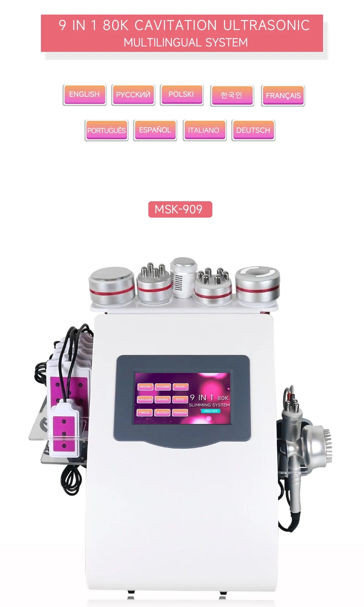 Máquina de Belleza 9 en 1, Nueva, 80K, Cavitación, Vacío, Adelgazamiento, Masaje, Radiofrecuencia RF, Dispositivo de Lifting y Tensado de la Piel del Rostro