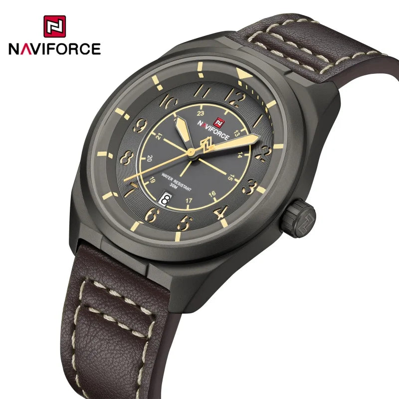Reloj de pulsera NAVIFORCE para hombre, de cuarzo, elegante, con fecha automática, resistente al agua, de cuero genuino, para negocios, diseño único.
