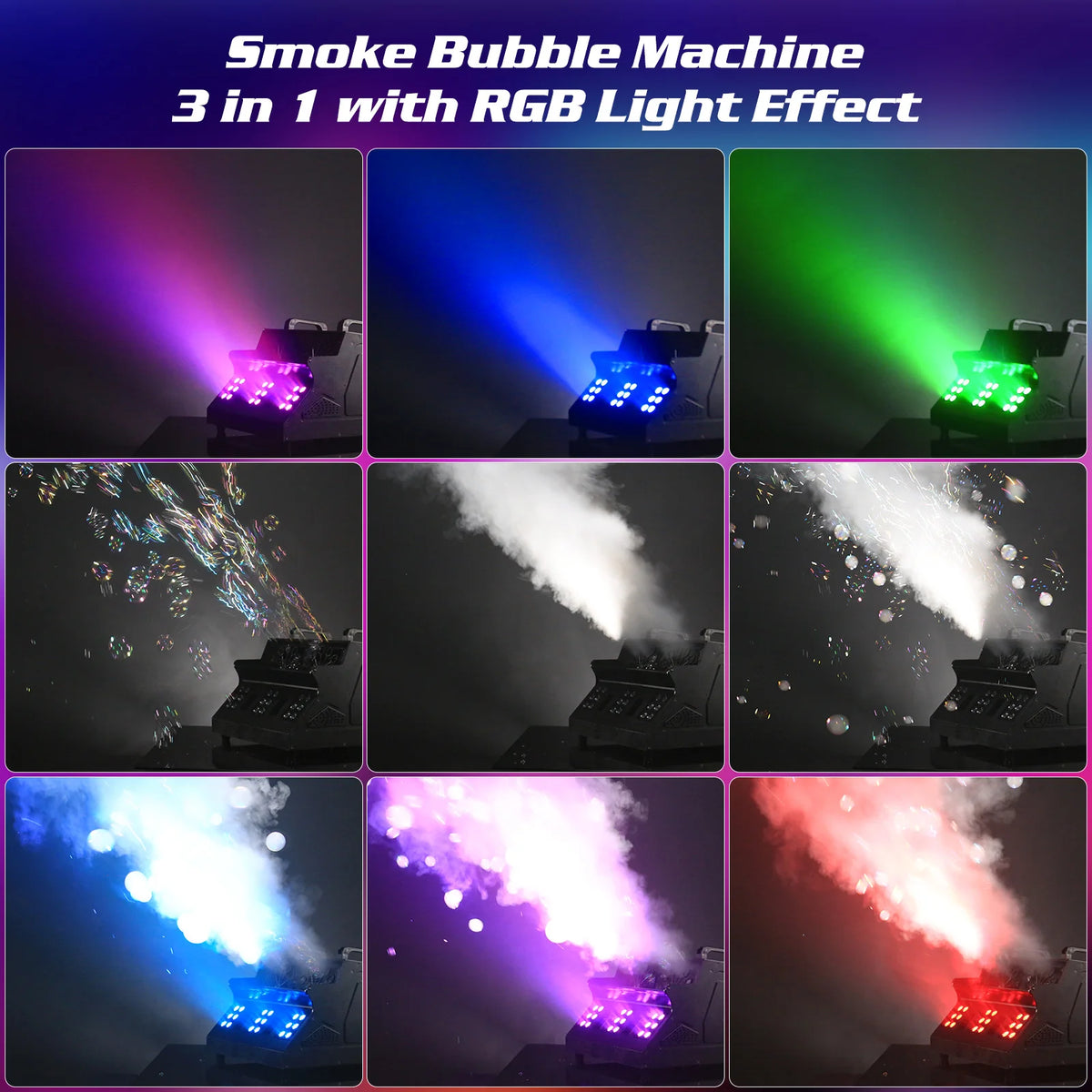 Máquina de humo y burbujas Yiflamefly de 1500 W, 8 luces LED RGB, máquina de humo y burbujas 3 en 1, efectos de iluminación para escenarios, ideal para DJ, bodas, fiestas y espectáculos en bares.