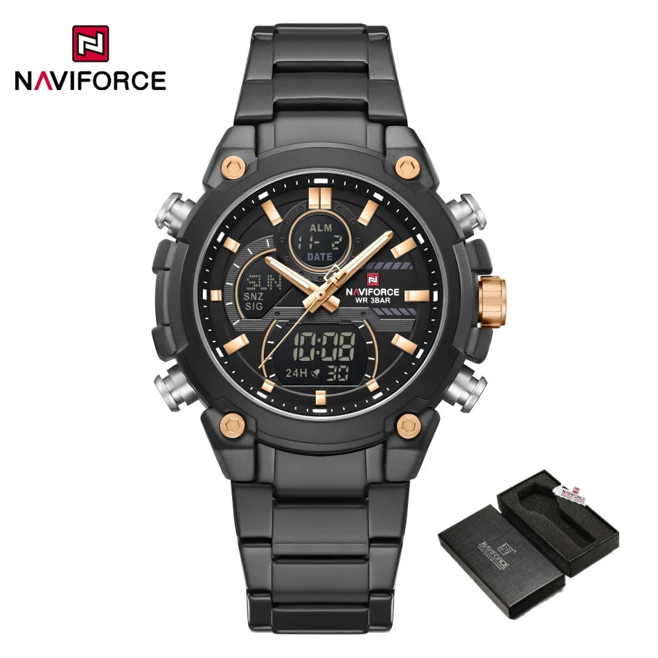 Nuevo reloj para hombre NAVIFORCE, resistente al agua, con cuenta regresiva, deportes, doble pantalla, reloj de pulsera de cuarzo, LCD, luminoso, alarma y reloj digital.