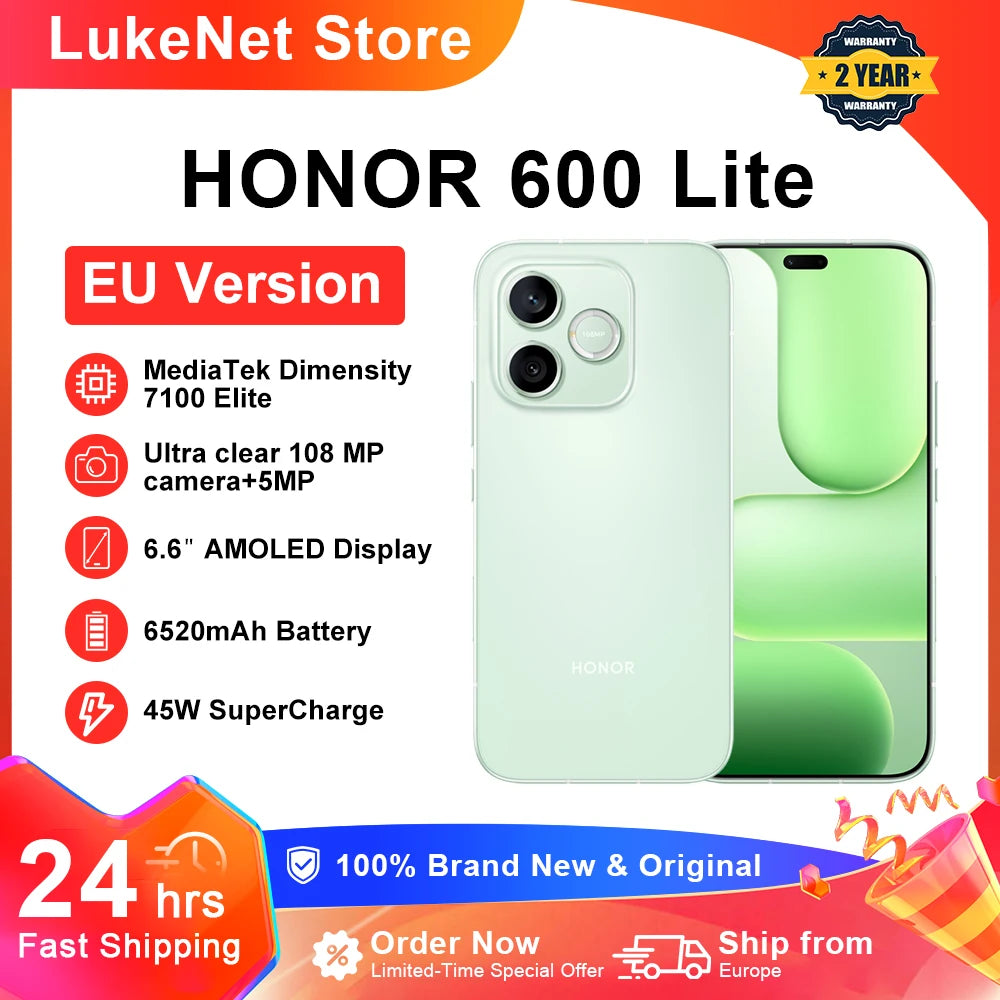 Smartphone HONOR 600 Lite 5G Versión UE MediaTek Dimensity 7100 Elite Pantalla AMOLED de 6,6" a 120Hz 6520mAh SuperCharge de 45W 108MP