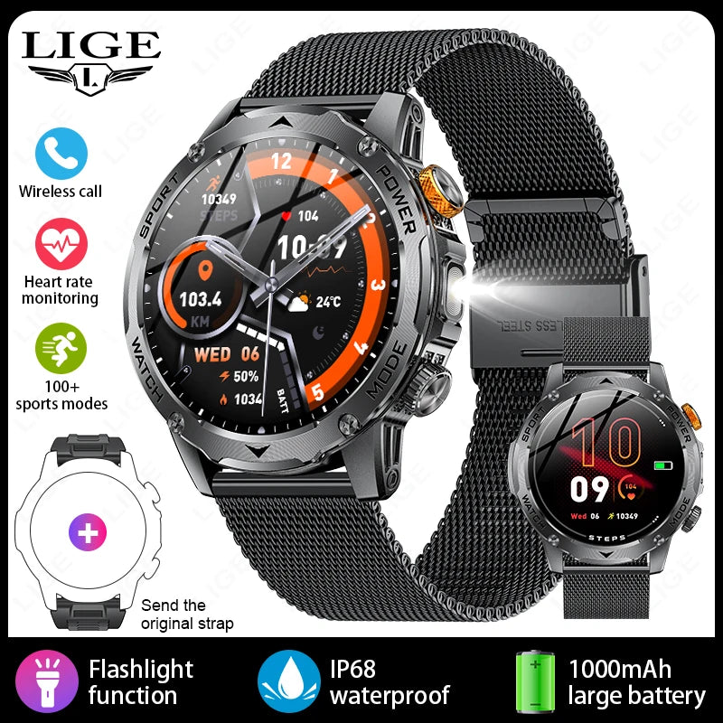 LIGE Nuevo reloj inteligente para hombre con batería de gran capacidad de 1000 mAh, linterna exterior, llamadas Bluetooth, resistente al agua, reloj inteligente deportivo de fitness