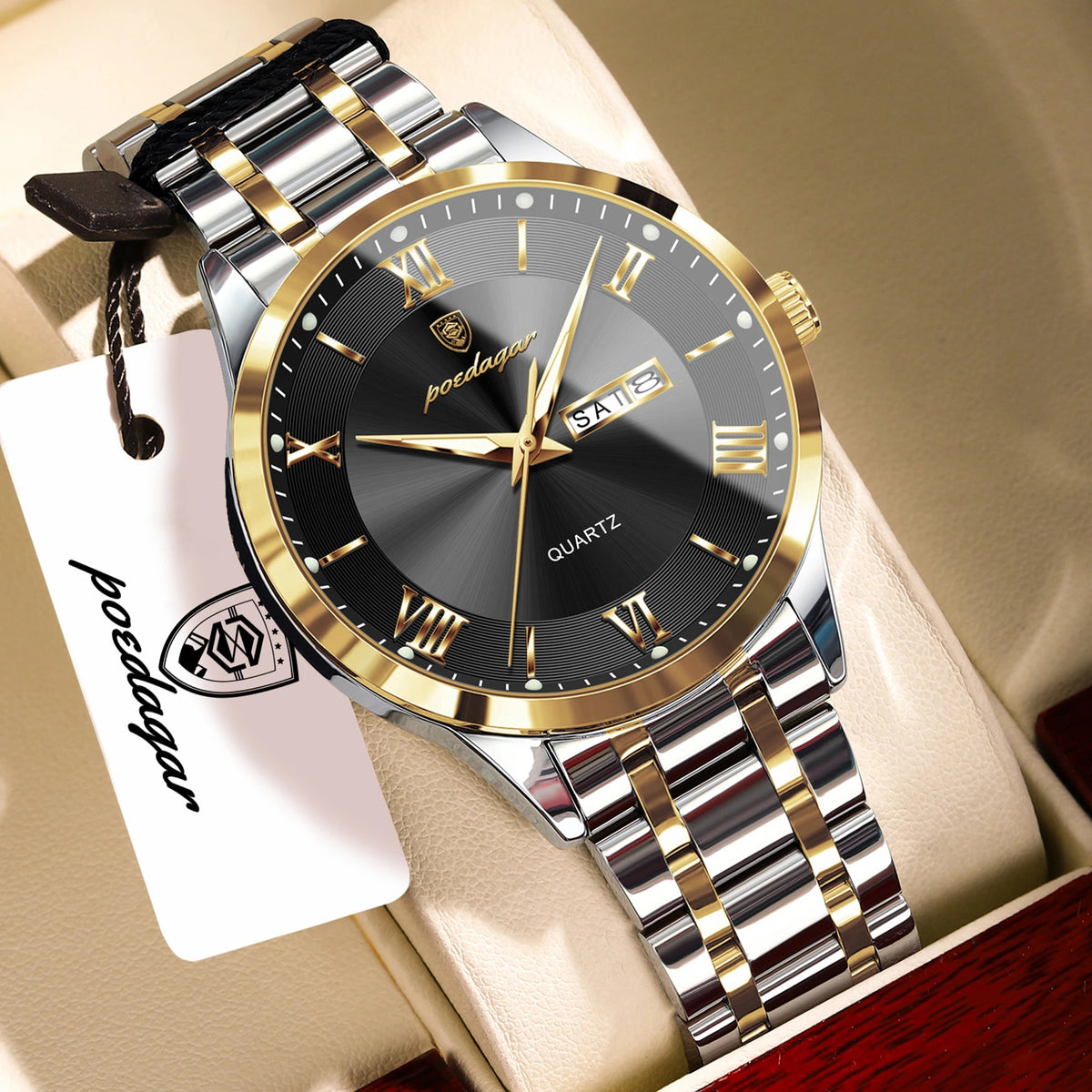 Reloj de pulsera para hombre POEDAGAR de moda, luminoso, impermeable, de acero inoxidable, con fecha y día, de cuarzo para negocios