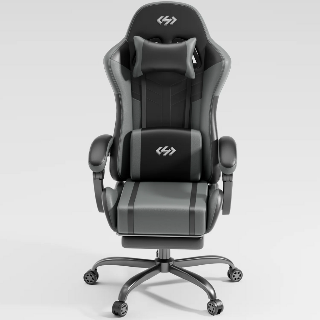 Silla gaming ergonómica negra con reposacabezas acolchado y soporte lumbar, vista frontal