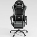 Silla gaming ergonómica negra con reposacabezas acolchado y soporte lumbar, vista frontal