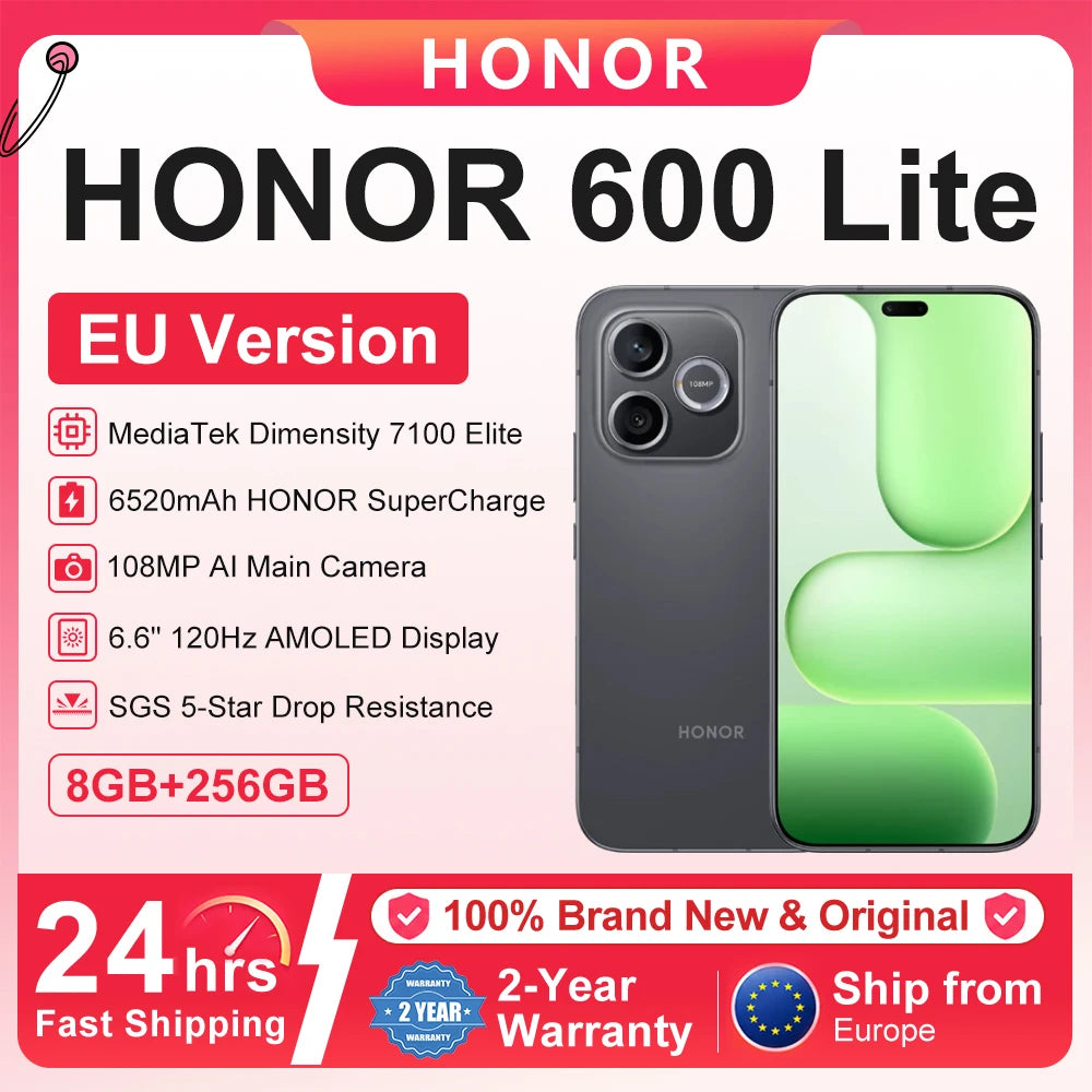 Smartphone Honor 600 Lite 5G Versión UE Mediatek Dimensity 7100 Elite Pantalla AMOLED de 6,6" a 120 Hz Batería de 6520 mAh Supercarga de 45 W Cámara IA Botón de fotografía ultra clara de 108 MP Cuerpo de metal Experiencia inteligente con IA IP66 NFC