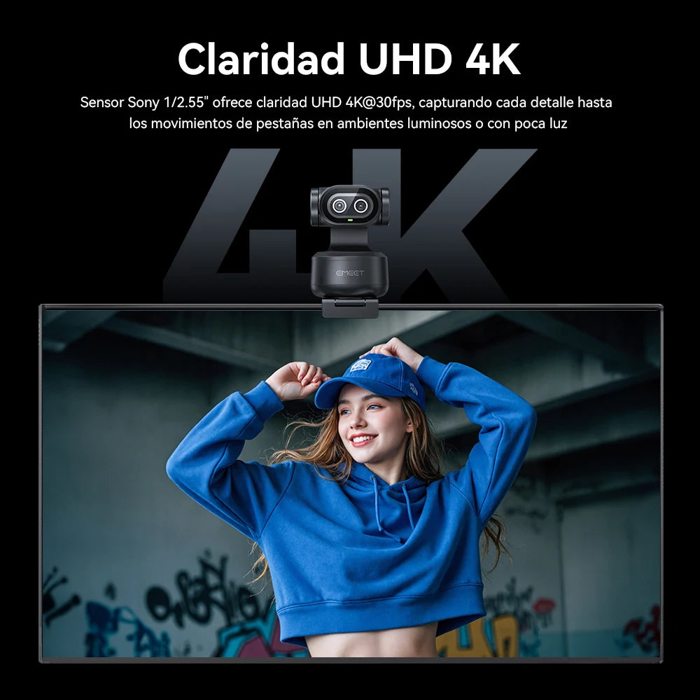Cámara Web 4K PTZ con Control por Gestos, Enfoque Automático, Seguimiento por IA, Cámara de Video para Streaming EMEET PIXY de Doble Lente con Sensor Sony