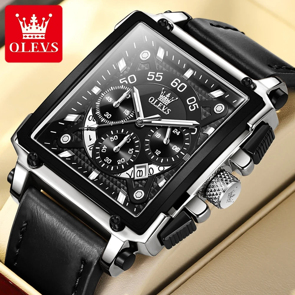Reloj de cuarzo cuadrado para hombre OLEVS, reloj de negocios multifuncional, resistente al agua, luminoso, con correa de piel, caja de regalo 9919