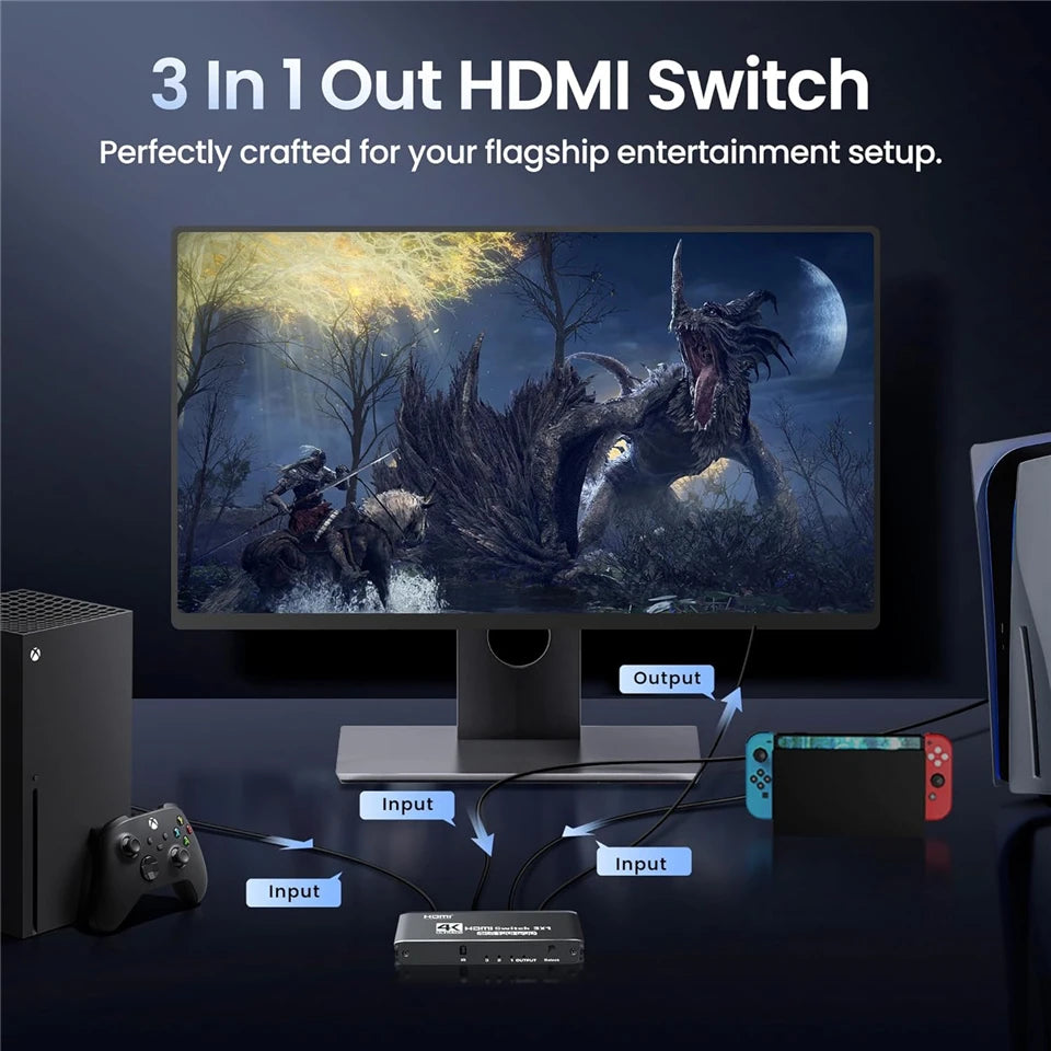 Navceker-conmutador HDMI 2,1, 8K, 60Hz, 4K120Hz, compatible con HDMI, salida 3 en 1 con convertidor de Control remoto para monitores Xbox PS5