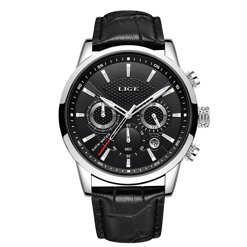 LIGE Men Watch Luxury Leather Waterproof Sport Quartz Wristwatch Chronograph Military Watch for Men Relogio Masculino Men‘s Gif