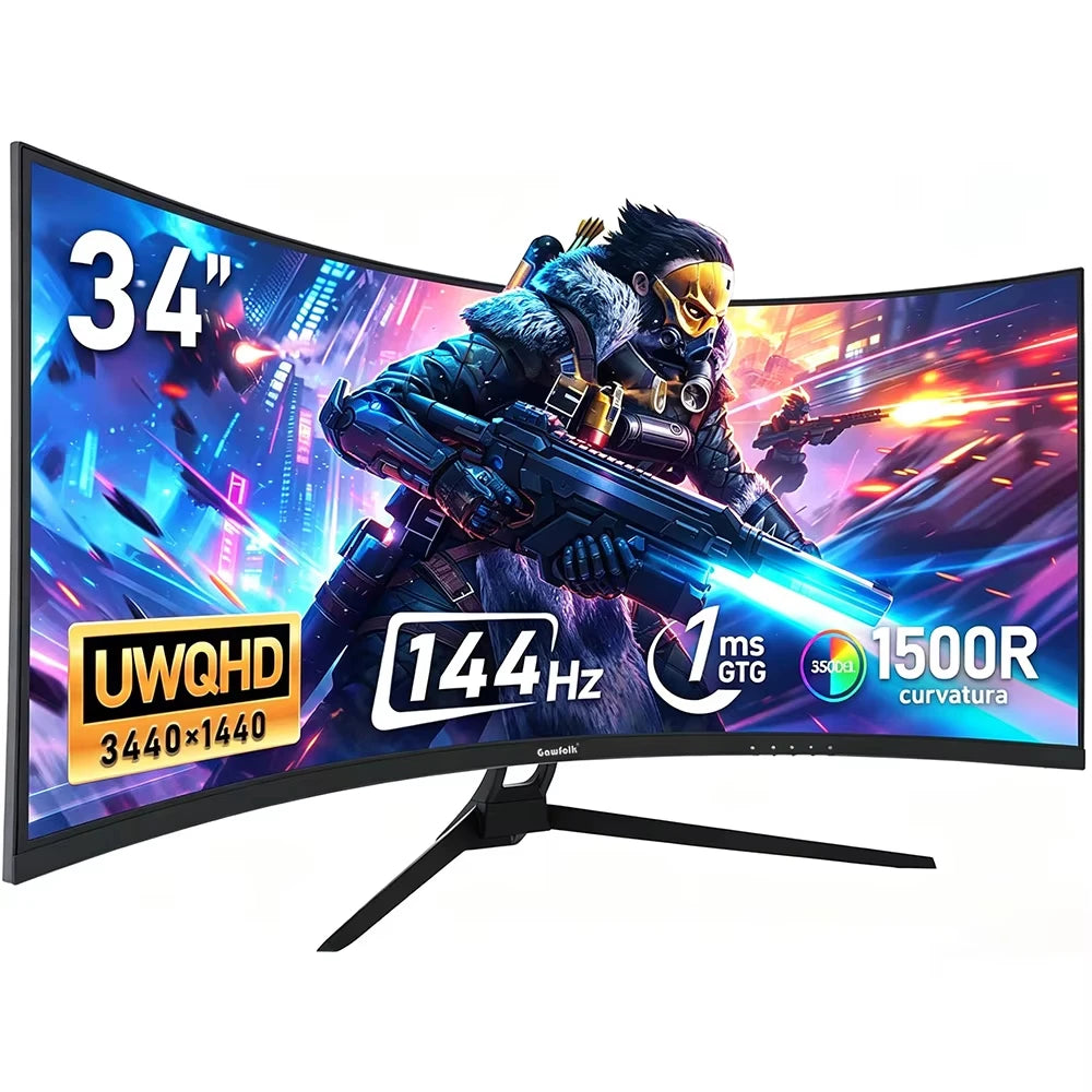 Monitor de juegos curvo ultraancho Gawfolk de 34 pulgadas, UWQHD 144Hz 1500R, monitor de computadora curvo, compatible con FreeSync, pantalla de escritorio.