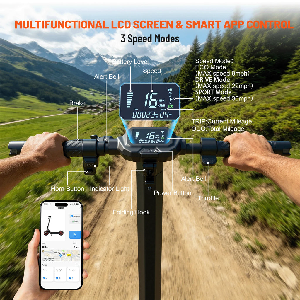 Manillar de patinete eléctrico con pantalla LCD y controles para tres modos de marcha.