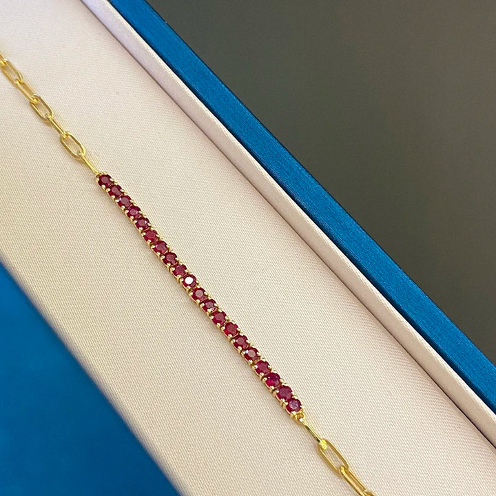 Aazuo, joyería fina, oro amarillo de 18 quilates, rubí natural, pulsera clásica con líneas de tenis para mujer, elegante y moderna, para fiesta de compromiso